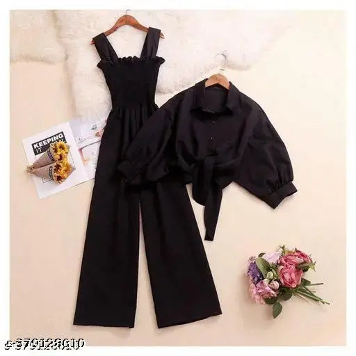 Crepe, solid net, short sleeve fancy jumpsuit (S-32in bust, M-34in bust), Indian-origin fashion wear