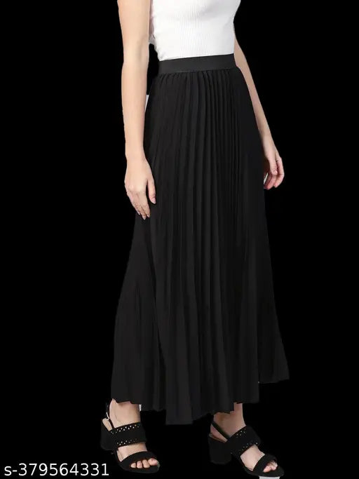 Crepe-fabric pleated midi skirt for women, elastic waist, full length, flared hemline. Indian-made fashion staple suitable for any body type