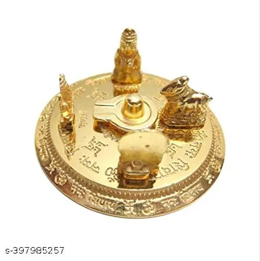 Golden metal Shiv Parivar figurine with Shiva, Ganesha, Nandi, and a cow