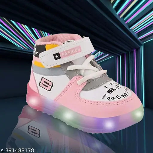Red, white, and pink kids' sneakers with LED lights