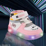 Red, white, and pink kids' sneakers with LED lights