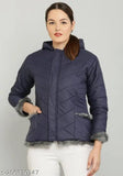Navy blue fur quilted PU jacket, long sleeves, solid design. M N FASHION size S-XL, made in India