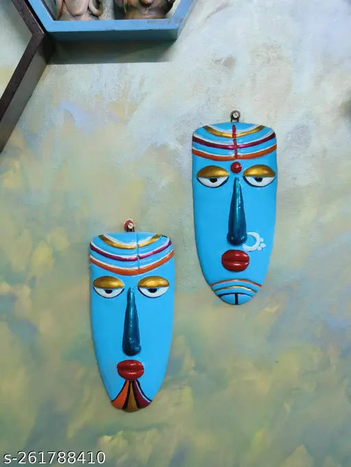 Terracotta wall hanging artisan-made mask, eco-friendly Indian handicraft for living room or bedroom