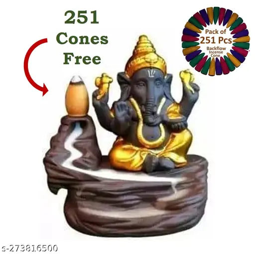 Handcrafted poly resin Ganesh Idol, Backflow Incense Holder. Decorative showpiece featuring Lord Ganesha, includes 251 free smoke cones. Perfect for various occasions like weddings, anniversaries, festivals, or gifts. Made in India