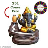 Handcrafted poly resin Ganesh Idol, Backflow Incense Holder. Decorative showpiece featuring Lord Ganesha, includes 251 free smoke cones. Perfect for various occasions like weddings, anniversaries, festivals, or gifts. Made in India