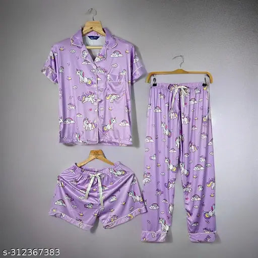 Unicorn print silk blend ladies night suit set, includes shirt, pajamas, and shorts. Soft to touch, shiny exterior for comfort and luxury. Made in India
