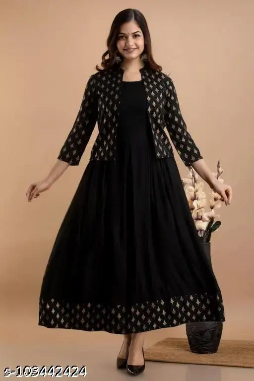 Rayon black jacket kurti, single solid-colored women's fashion piece from India (M - bust size 38in, L - bust size 40in, XL - bust size 42in, XXL - bust size 44in)