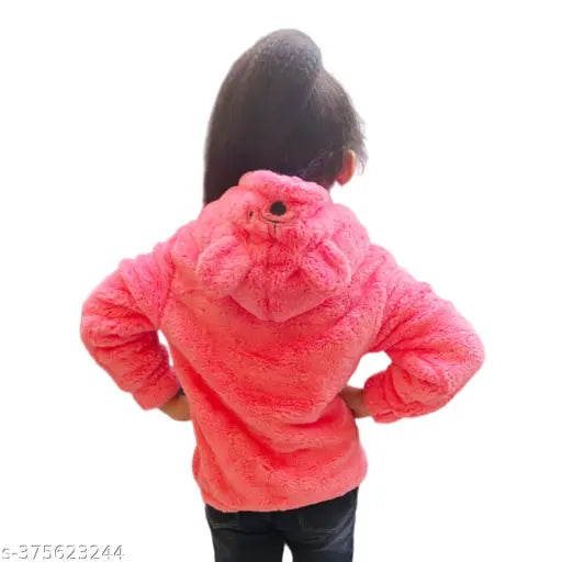 Faux fur hooded sweatshirt for kids girls, self-design with front pockets, polyester material, 8-9 years size from Kanika Winter Wear, India