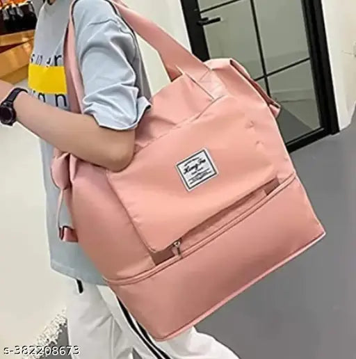 Peach canvas folding handbag with logo, multiple pockets