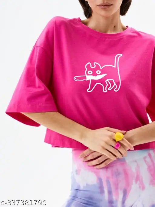 Magenta cotton blend loose fit crop top T-shirt, printed net pattern for street-style look and relaxed vibes, hand-wash or machine washable, India origin