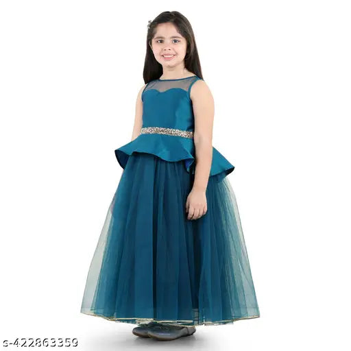 Teal blue chiffon dress with sleeves and waist embellishments, suitable for parties or special occasions