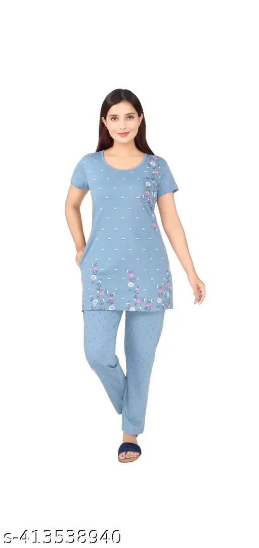 White polycotton printed nightsuit, loose-fit with round neck, summer daily wear for women