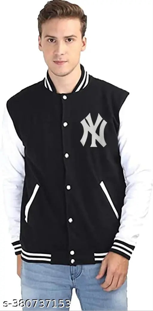 A blue baseball jacket with white emblem
