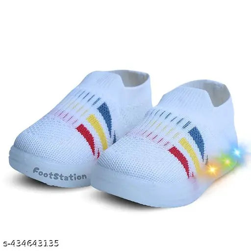 Breathable LED LightUp shoes, soft sole mocassins with shock absorption for energetic kids, striped pattern slip-ons, FootStation brand, size 3.5-6 years