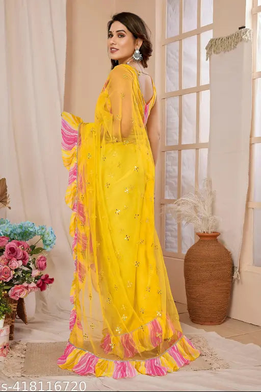 Yellow chiffon lehenga with net mirror embroidery, ruffled hem