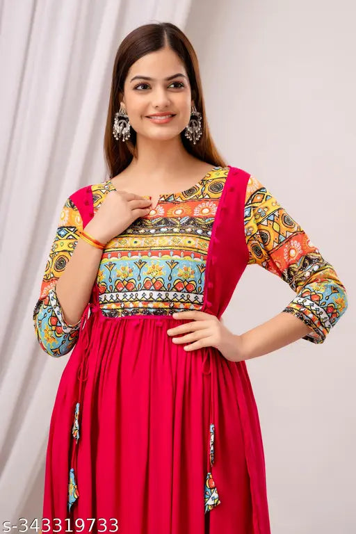 Pink rayon anarkali kurti with three-quarter sleeves, hand block print design, Indian fashion wear