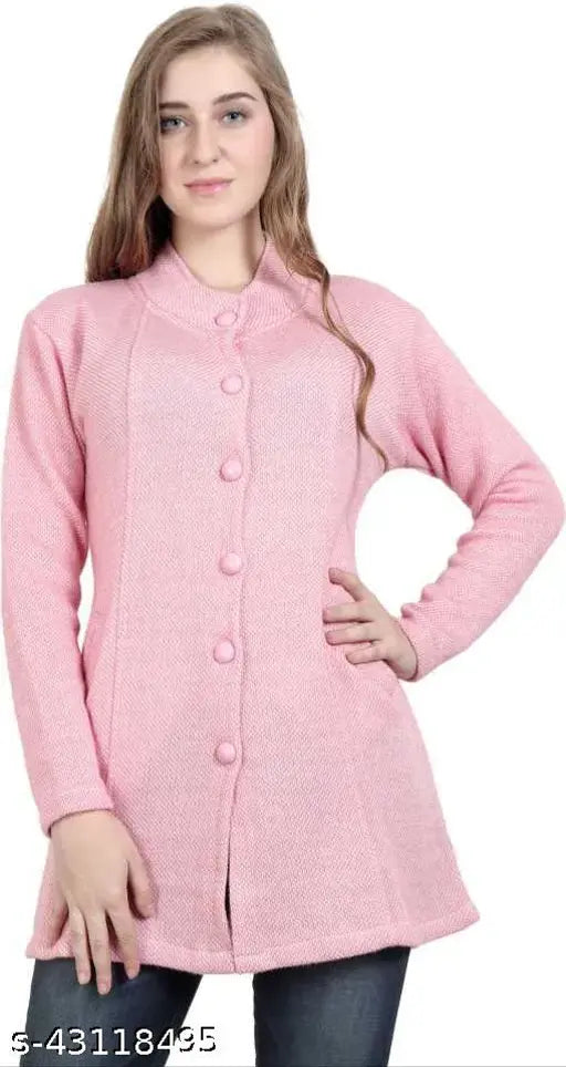 Matelco women's solid pink wool sweater cardigan coat, long sleeves and classic silhouette in vibrant hue, made in India