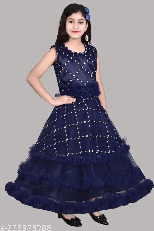 Dark blue ruffled party dress, long sleeves, knee length
