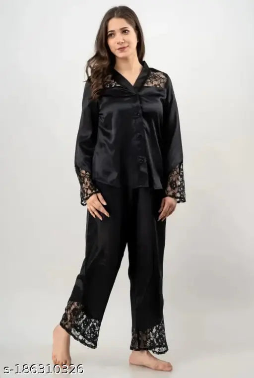 Black satin long-sleeve night suit with lace design, perfect for all-day wear by swanky women