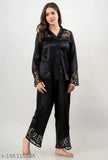 Black satin long-sleeve night suit with lace design, perfect for all-day wear by swanky women