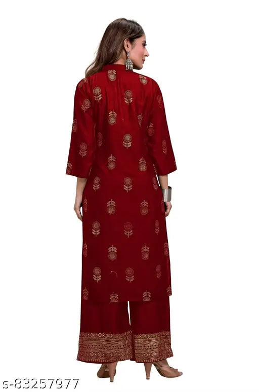 Fabulous women's ethnic kurti set with palazzos, heavy rayon & gold foil print, full stitched, rayon fabric, three-quarter sleeves, up to size XL