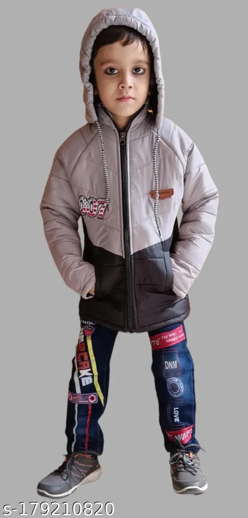 Black and grey puffer coat with hood, boy standing