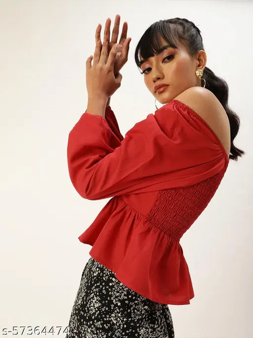 Blazing red solid smocked crop top, long sleeve polyester, Indian-origin fashion top on mannequin