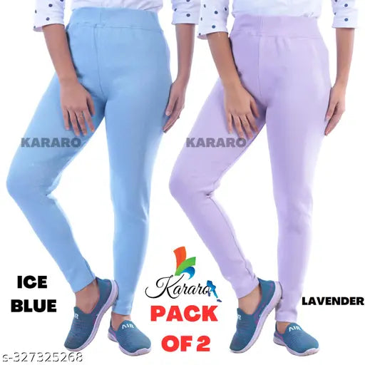 Women's stylish cotton blend jeggings pack of 2, medium quality and lightweight fabric, solid pattern, various sizes available, made from recycled hosey cotton waste