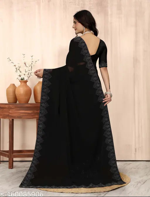 Black Georgette saree with diamond cutwork border, ideal for parties and weddings, includes unstitched blouse