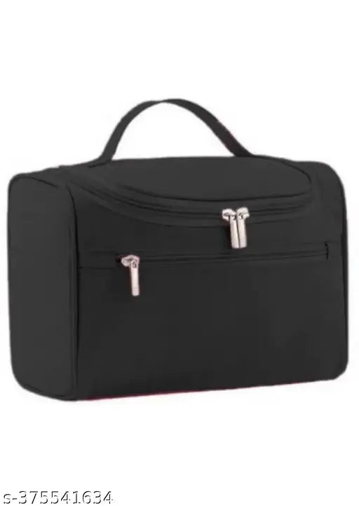 Black zippered pouch with travel essentials