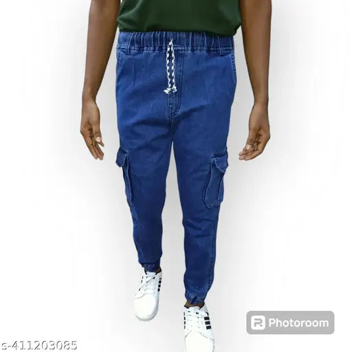 Men's blue denim joggers with white drawstring waist