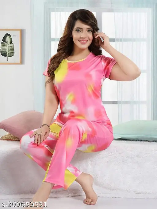 Pink tie-dye Lycra night suit, imported candy print, comfortable loungewear/sleepwear