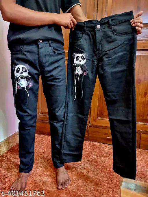 Men's cotton blend solid denim teddy bear print jeans, a stylish and comfortable choice for fashion-forward men. Available in sizes 28, 30, and 32. Made in India