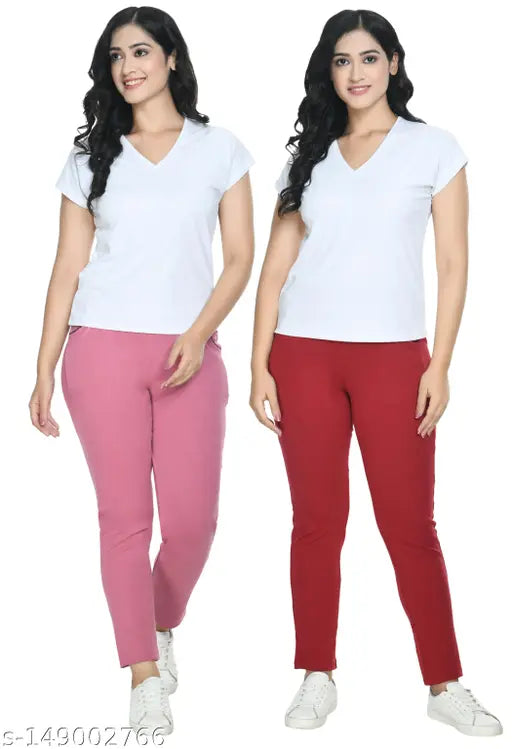 Pink & Red Solid Stretchable Jeggings Pack of 2 - Women's cotton blend jeggings with mid-waist design and 2 pockets, available in sizes 26-38 (Waist 26" - 38", Length 37"). Perfect for everyday wear. Made in India
