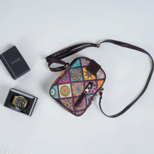 Women's stylish sling mobile pouch, cotton fabric, long length, with floral print, ideal for party wear or as a wedding bag