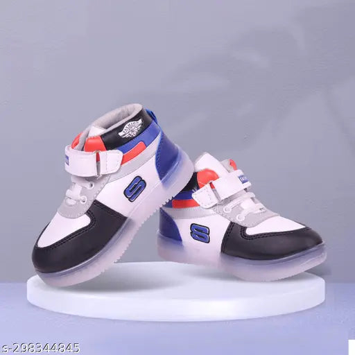 Synthetic LED light shoes for kids, comfortable printed net design, ideal for boys' sizes 12-18 months to 4 years, made in India on display