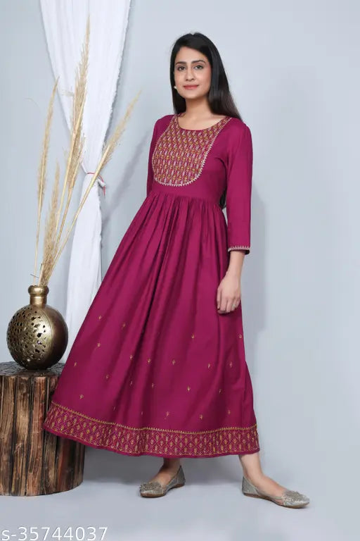 Stylish rayon flared wine kurta, embroidered pattern, three-quarter sleeves - women's party wear, Indian origin