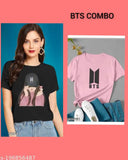 Black cap girl and pink BTS cotton short sleeved printed net t-shirts for women - India (Set of 2)
