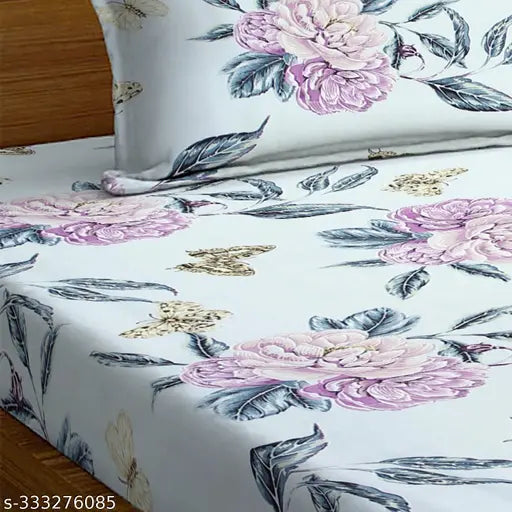 Cream floral glace cotton flat sheets, premium double bed size (90x90), 7.5x7.5 ft, soft and smooth printed design for summer use, 2 pillow covers included