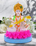 Marble Saraswati Idol showpiece (5cm), traditional Indian decorative item for puja purposes, hand-painted and washable