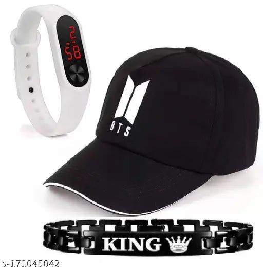 Stylish cotton baseball cap, LED band watch, and king bracelet combo - formal, casual sports accessory for men and boys in black pattern. Made in India