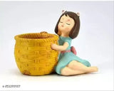 Resin Basket Girl Succulent Planter, 4x3x5 inch, hand-painted planter for mini succulents, cacti, or small plants. Unique Indian import with drainage hole and stopper, ideal for home decor or gift