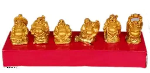 Golden Laughing Buddha statue set of 6 pieces by PAYSTORE, decorative polyresin figurines
