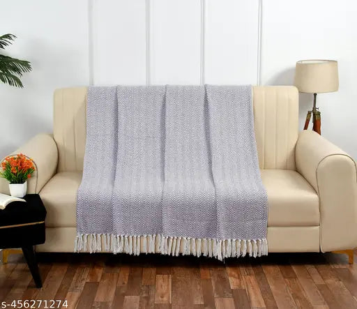Light blue cotton chevron throw blanket, size 50x60 or 125x150 cm, for sofa or bed
