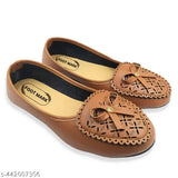 Tan mojri with brown lace detailing, flat soles, no visible closure or additional details
