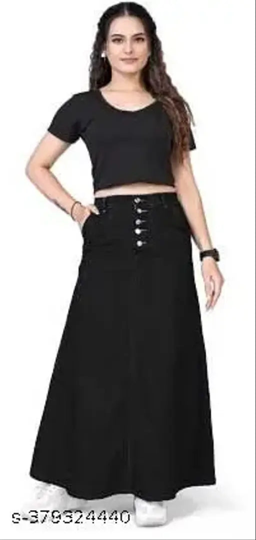 Black denim A-line maxi skirt with five buttons, lightweight and breathable for women's fashion. Denim long skirt from Z Black, washable at home, perfect for all body types. Comes in sizes 26 to 46 (waist 26-46, hip 34-55, length 37in). Made in India
