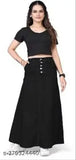 Black denim A-line maxi skirt with five buttons, lightweight and breathable for women's fashion. Denim long skirt from Z Black, washable at home, perfect for all body types. Comes in sizes 26 to 46 (waist 26-46, hip 34-55, length 37in). Made in India