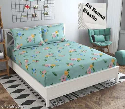 Cotton blend, floral printed, double size bedsheet with 2 pillow covers - fits up to 6" thick 72-78'' mattresses, ideal for summer use