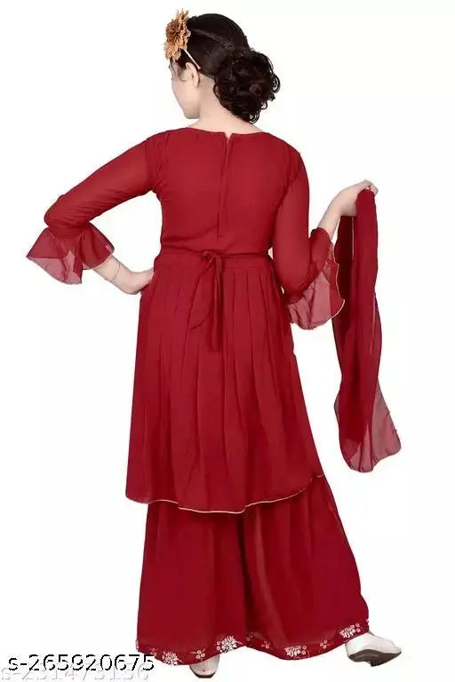 Maroon floral printed georgette Girls' Kurti Sharara & Dupatta set (Pack of 3), Indian ethnic wear for festive parties or weddings under $499