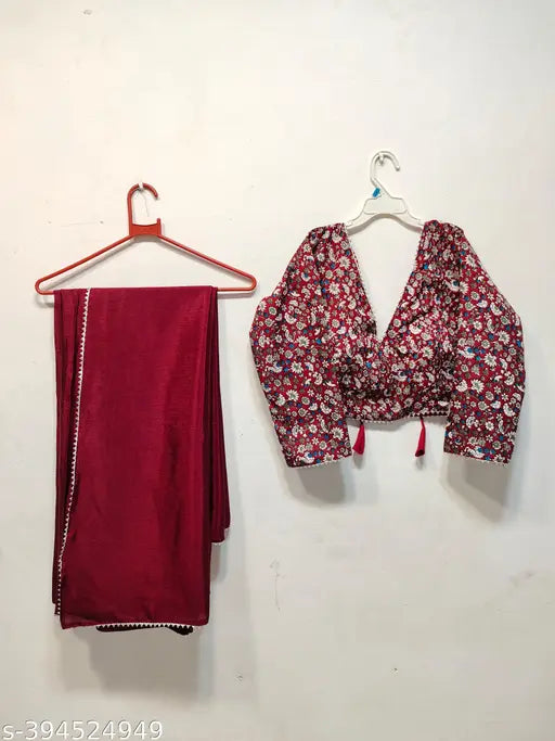 Maroon chiffon saree blouse with lace print